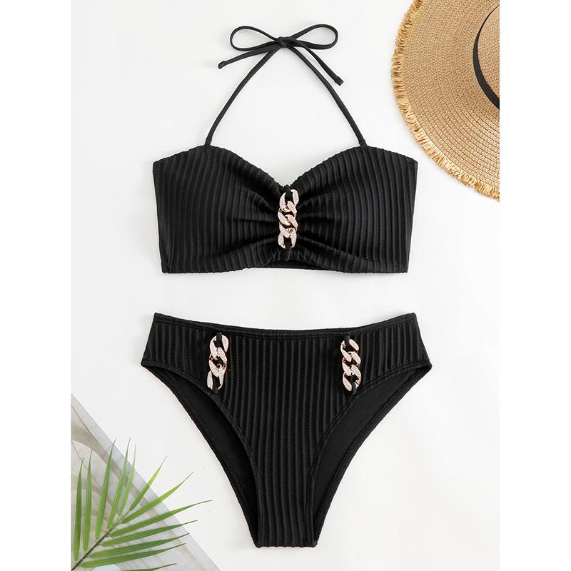 Women Solid Color Swimsuit Sexy Tight Fitting Suspender with Backless Stripes Bikini Fashion Pure Cotton Split Style Swimsuit