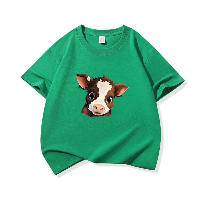 Kids Pure Cotton T Shirt Adorable Brown Baby Cow Print Crew Neck Short Sleeve Tee Casual Boys Girls Summer Tops