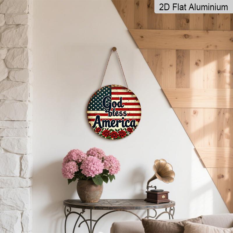 2D Flat, 1pc Heavy-Duty Retro God Bless America Round Metal Sign - Vintage Aluminum Wall Decor Suitable for Home, Office, Garage, 4th of July Gift