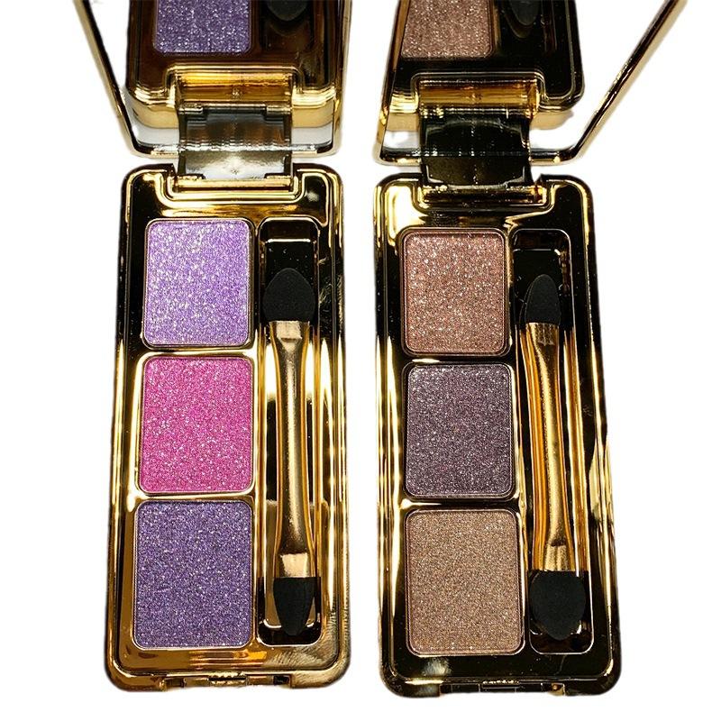 Tříbarevné oční stíny, jemná třpytivá paletka očních stínů v zemité barvě, studentka oční make-up