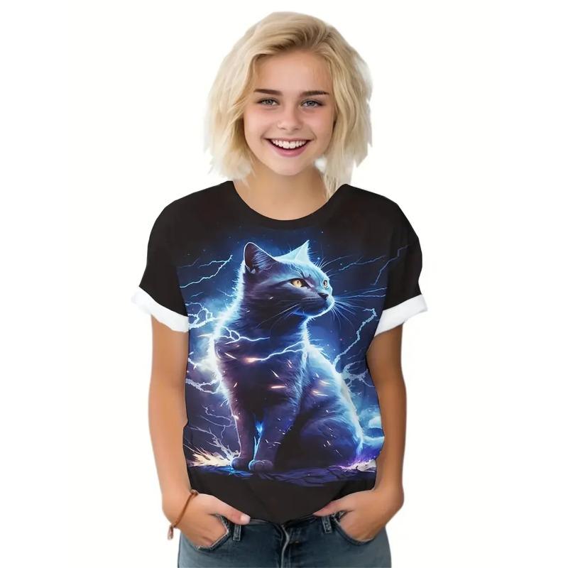 Letní tričko s kulatým výstřihem a 3D potiskem kočky, módní a ležérní dětské dívčí tričko s krátkým rukávem