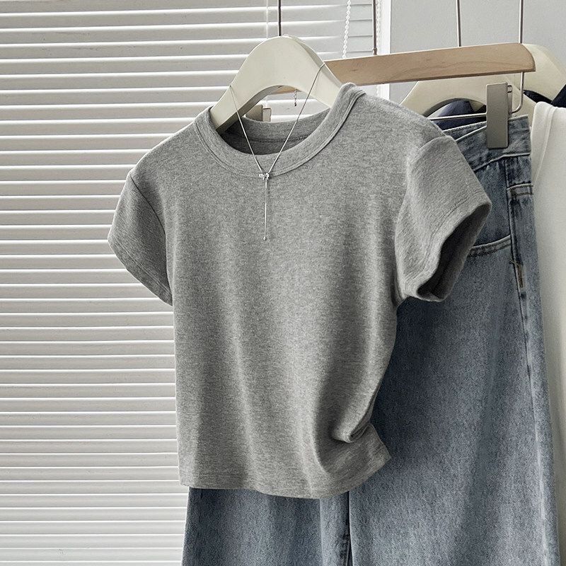 American Summer T-shirt Women's Shoulder Short Sleeves Summer Thin Round Neck Short Cotton Slim Fit Sweet and Spicy Tight Top