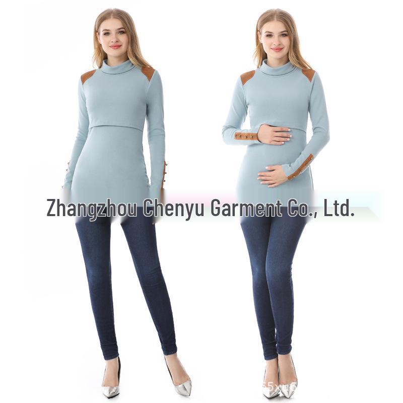 Warm High Neck Slim Fit Nursing Maternity Top with Integrated Bra for Autumn/Winter