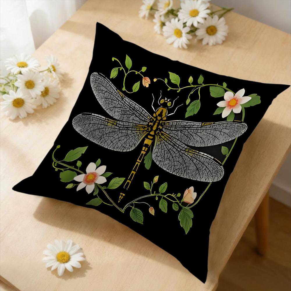 1pc Vintage Dragonfly Floral Cushion Cover Black Botanical Insect Print Pillowcase For Sofa Bed Living Room Decorative Home Acce