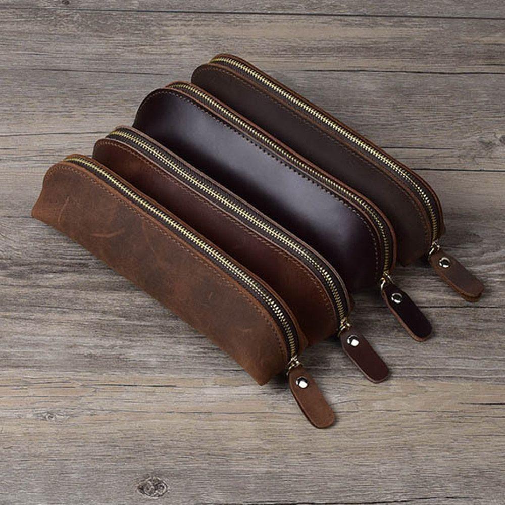 Cowhide Pencil Bag Retro Style Zipper Pen Case School Supplies Office Stationery Pen Storage Glasses Bag