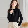 Women's Mock Neck Ruffle Trim Pure Wool Knit Sweater