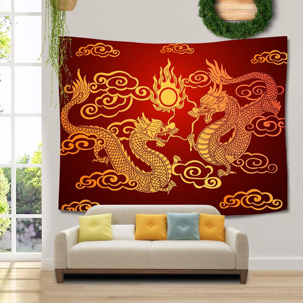 Traditional Chinese Dragon Tapestry, Double Dragons Chasing the Sun with Clouds Wall Hanging for Aesthetic Room Decor