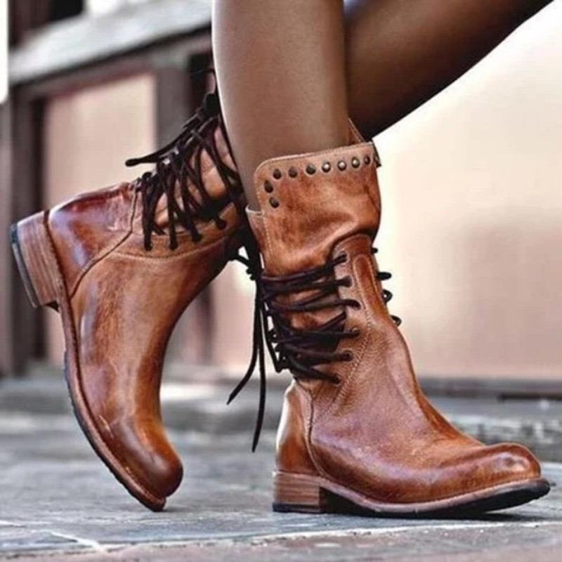 

New Mid-Tube Boots Fashion Round Toe Sleeve Lace-Up Rivet Non-Slip Block Heel Single Shoes 36 коричневый