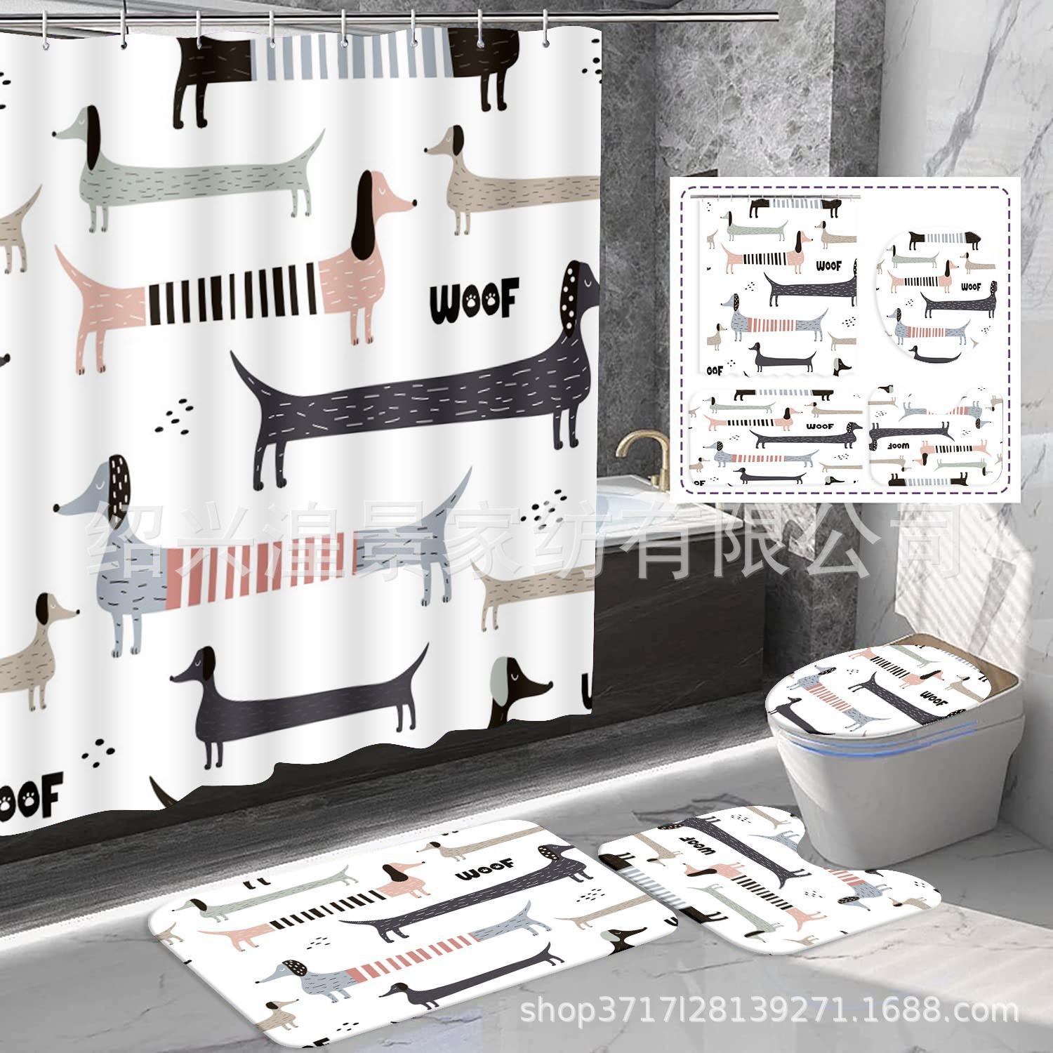Animals And Plants Love Dachshund Dogs Digital Printing Shower Curtains Four-Piece Bathroom Curtains Floormat40x60cm