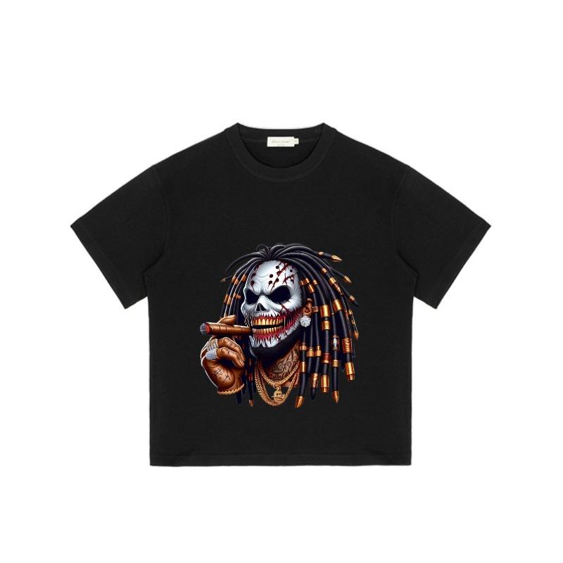 Black T Shirt with Skull and Dreadlocks Print for Casual Wear