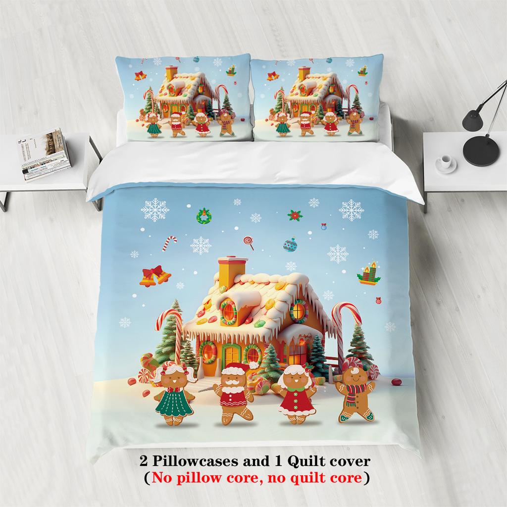 3-piece Christmas gingerbread man pattern print (1 duvet cover+2 pillowcases, no core) comfortable bedding set