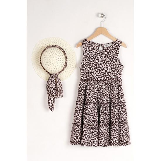 Rochie Fata Copil Roșu Cu Motive Florale Cu Accesoriu Pălărie