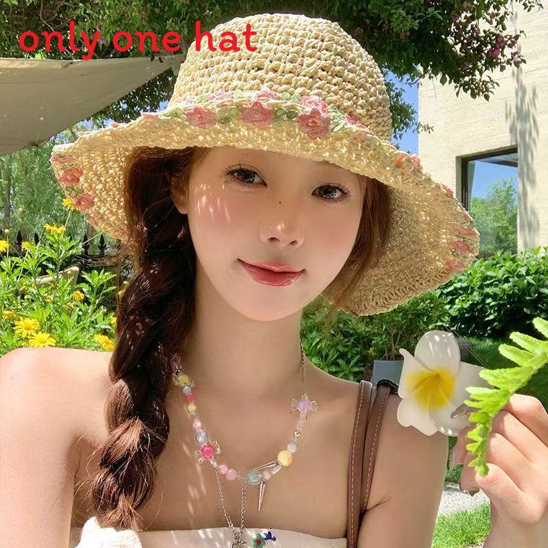 Floral Pattern Wide Brim Straw Hat With Adjustable Fit For Summer Outdoor Wear