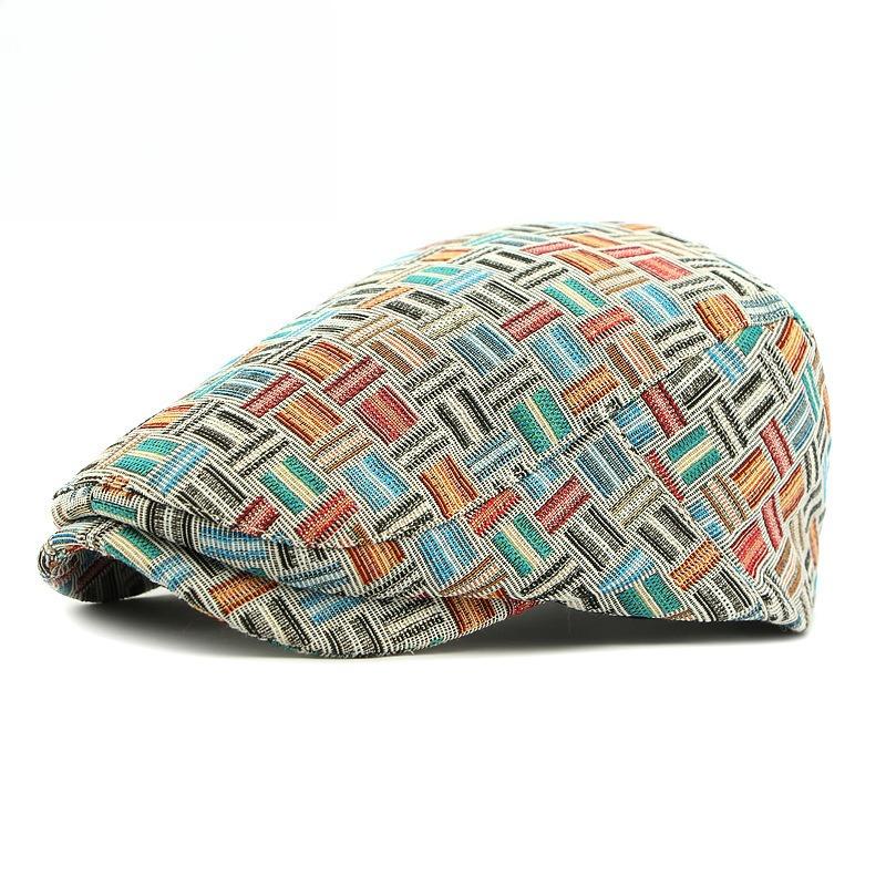 Unisex Vintage Woven Jacquard Plaid Flat Cap Retro Ethnic Style Beret Newsboy Hat Cabbie Ivy Cap for Men Women