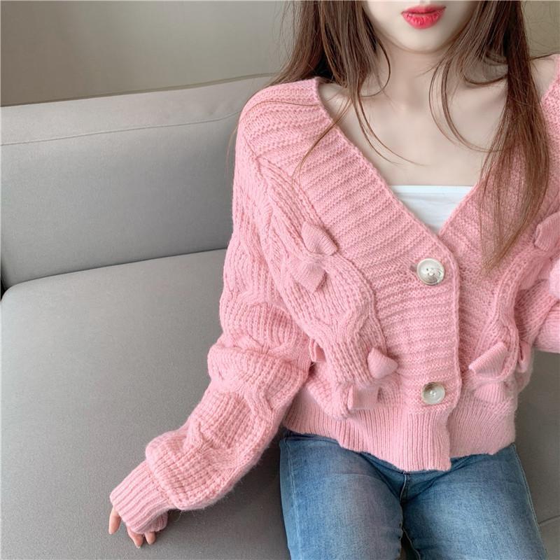 Spring Autumn Korean Style Knitted Cardigan for Women Bowknot Short V-neck Cute Loose Sweater Sweet Coat