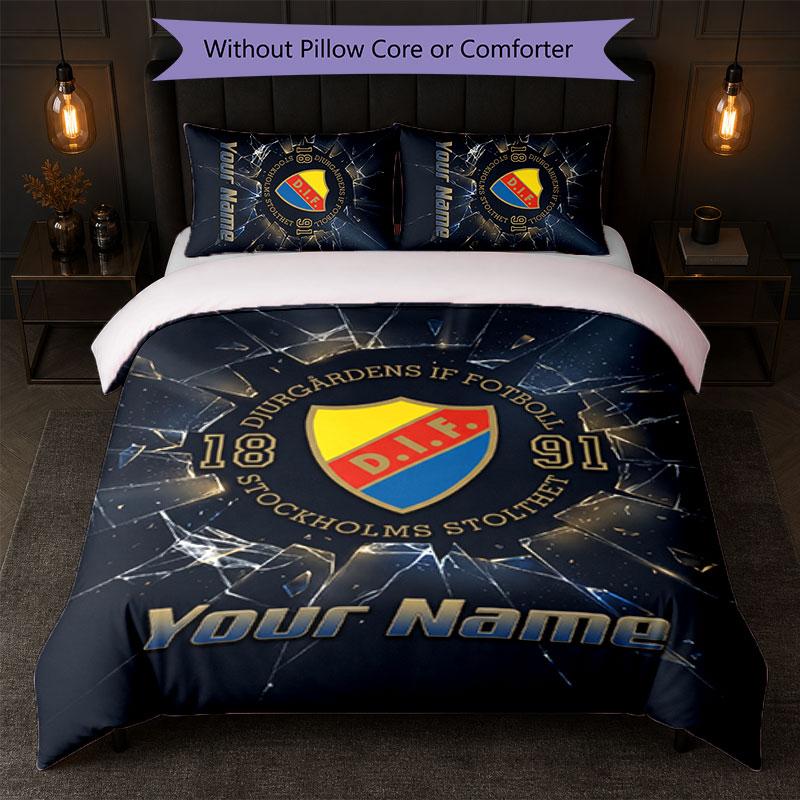 Djurgårdens IF Custom Name Text Bedding Set 1 Duvet Cover+2 Pillowcases Soccer Logo Personalized Gift For Special Occasion Bedroom Decor