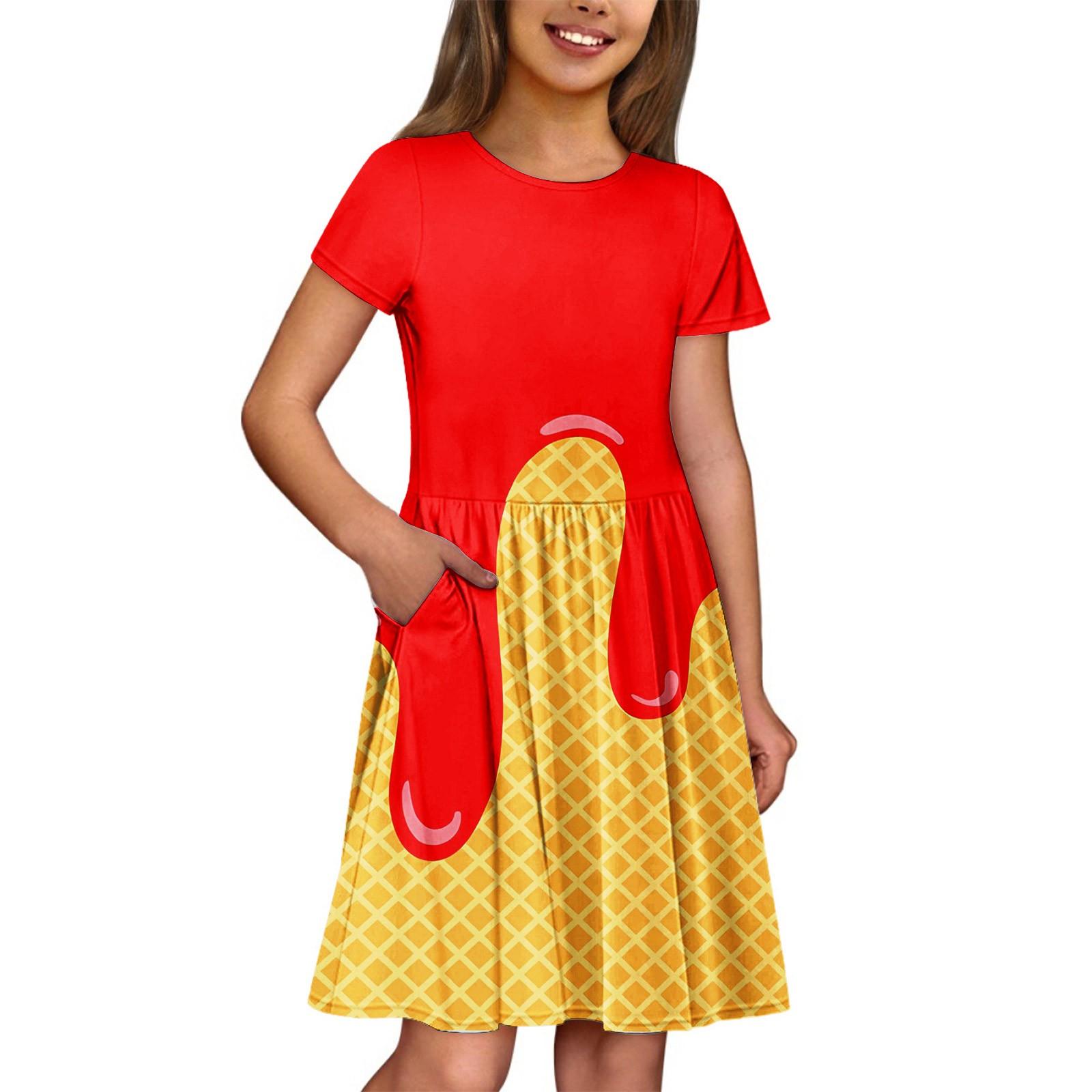 

Летнее платье для девочек, однотонное платье без рукавов с принтом и карманом, повседневное платье, вечернее платье с короткими рукавами 160 красный