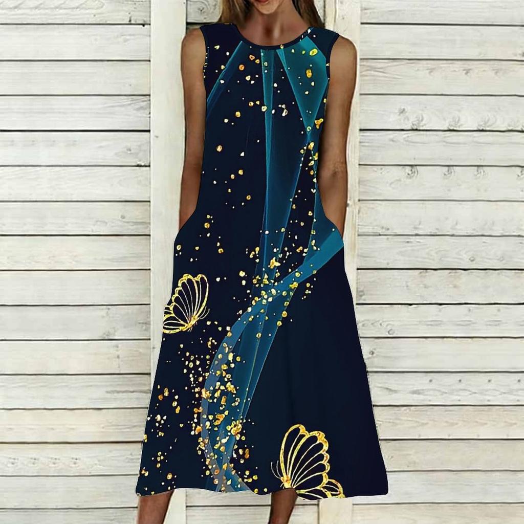 Plus Size Sleeveless Crew Neck Dress Fresh Wild Blossom Print Flowy Knee Length Outfit