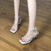 Rhinestone strap beautiful stiletto sandals 2025 new summer square toe open-toe French temperament sexy dress soft high heels