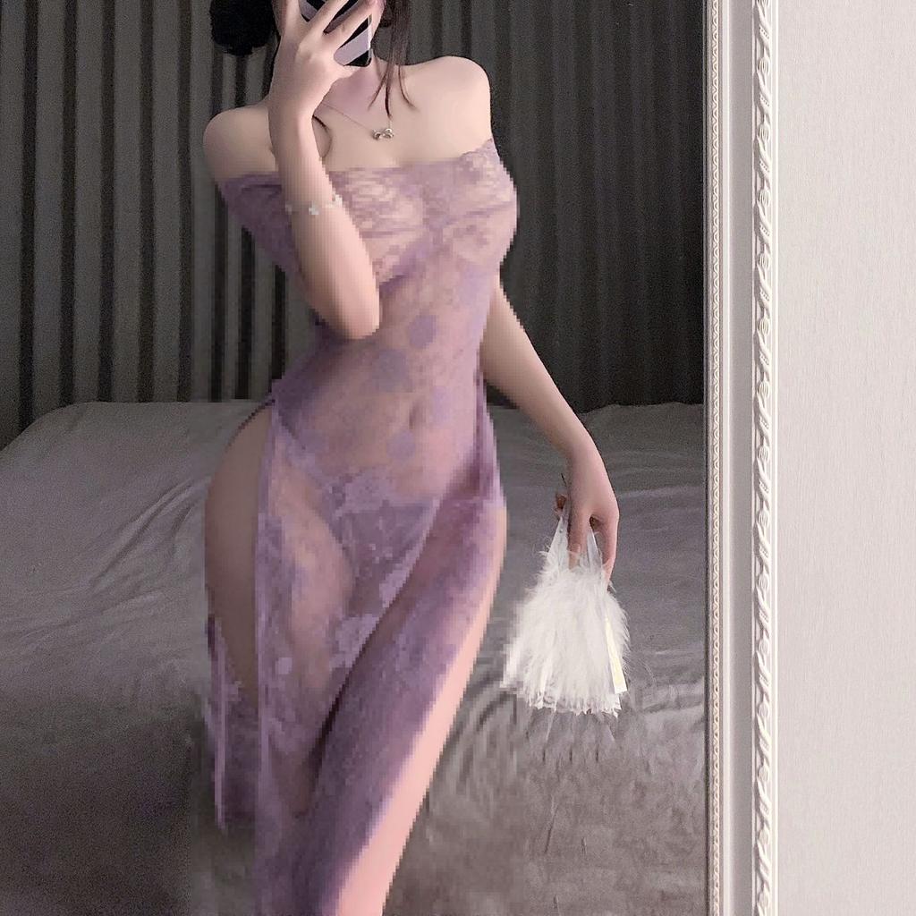 Sex Underwear One-word Collar Perspective Cheongsam Tube Top Sexy Lace Nightdress Sexy Pure Desire Nightdress Women