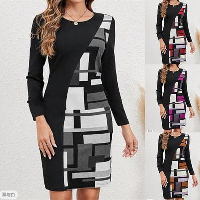 Women's Spring Summer Geometric Print Bodycon Midi Dress, Round Neck Long Sleeve Slim Fit Casual Office Work Dress