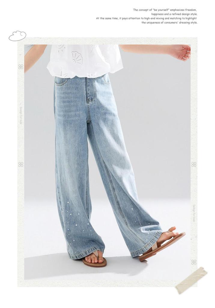Summer Rhinestone Girls' Wide-Leg Jeans: Loose, Versatile, Straight-Leg Long Pants