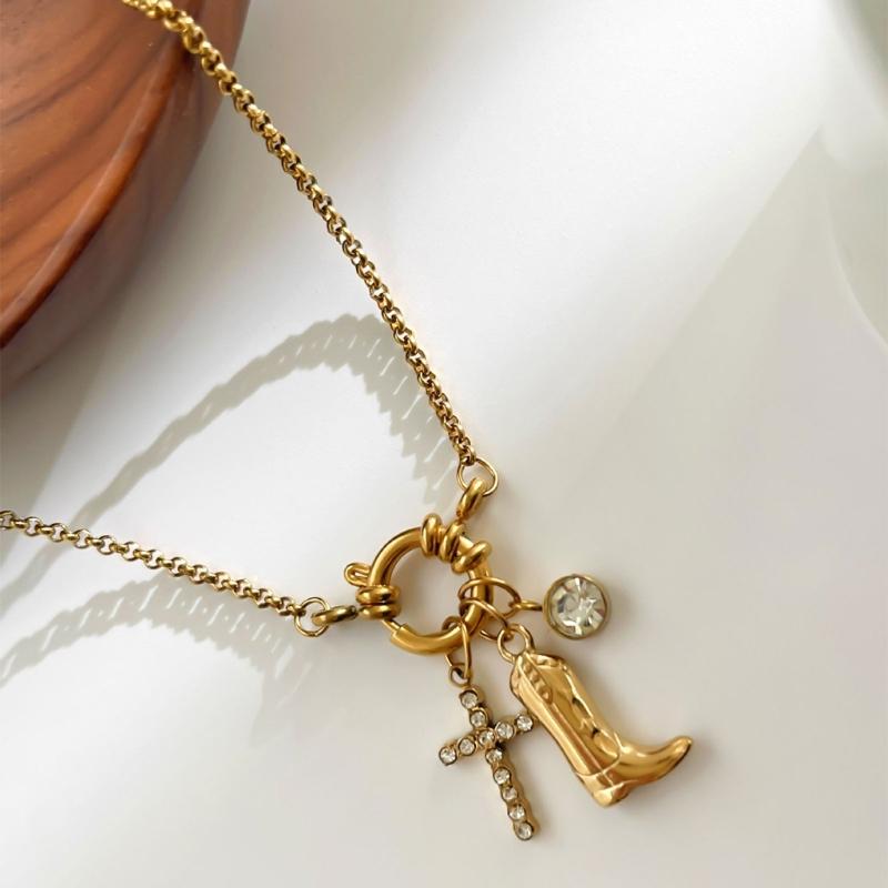 Stylish Symbol and Boot Pendant Necklace Stainless Steel with Glittering Stones Chain Necklace Suitable for Fashion Lady