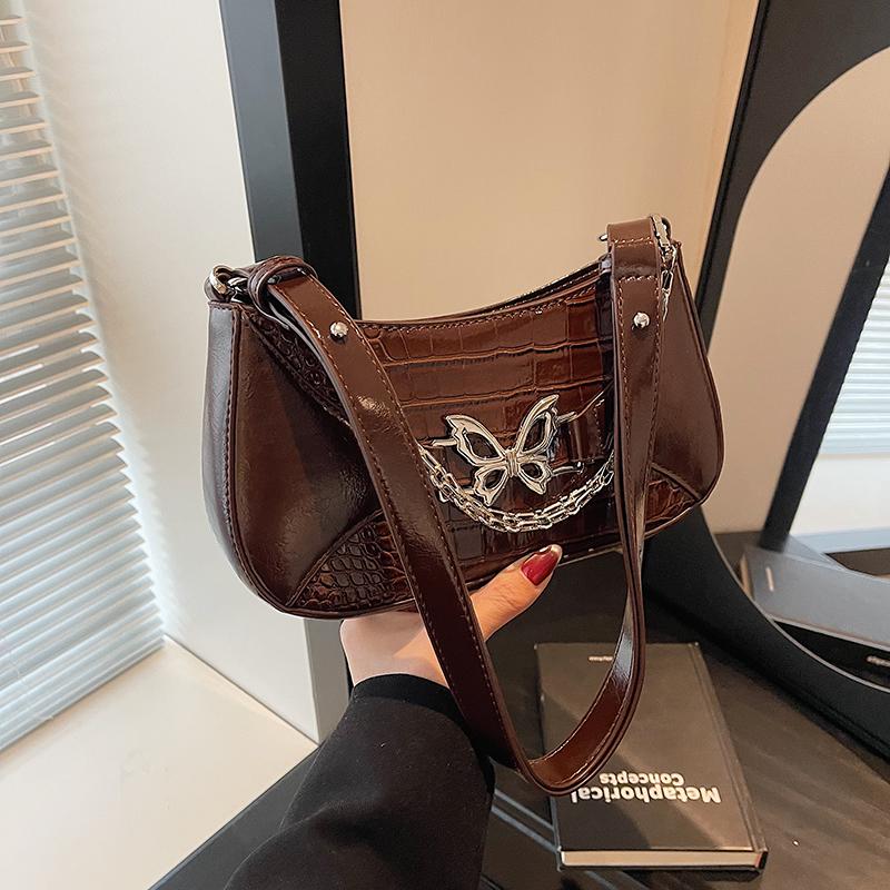 Luxusní dámská kabelka do podpaží pro mileniály, textura, stříbrný motýl, kabelka přes rameno s řetízkem