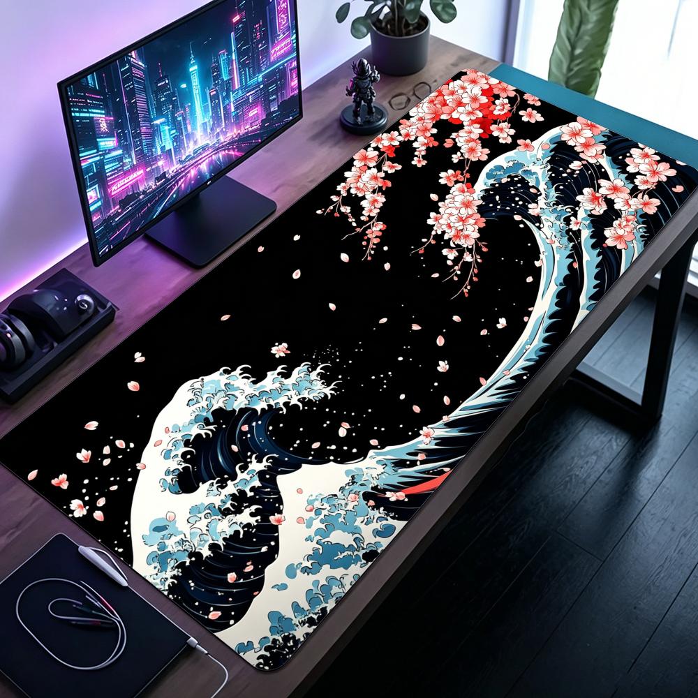 Cherry Blossom Great Wave Mouse Pad Large Computer Office Game Table Mat Rubber Antislip Stitched Keyboard Mats 90x40 Desk Pads