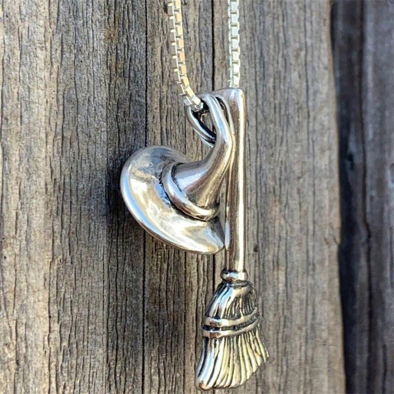 Gothic Punk Halloween Witch Hat Broom Pendant Necklace For Women Men Silver Color Sweater Long Chain Choker Party Jewelry Gifts