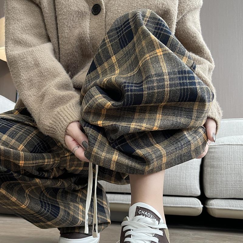 Plaid pants women's pants new spring and autumn thin high-waisted lazy retro casual mopping loose wide-leg pants