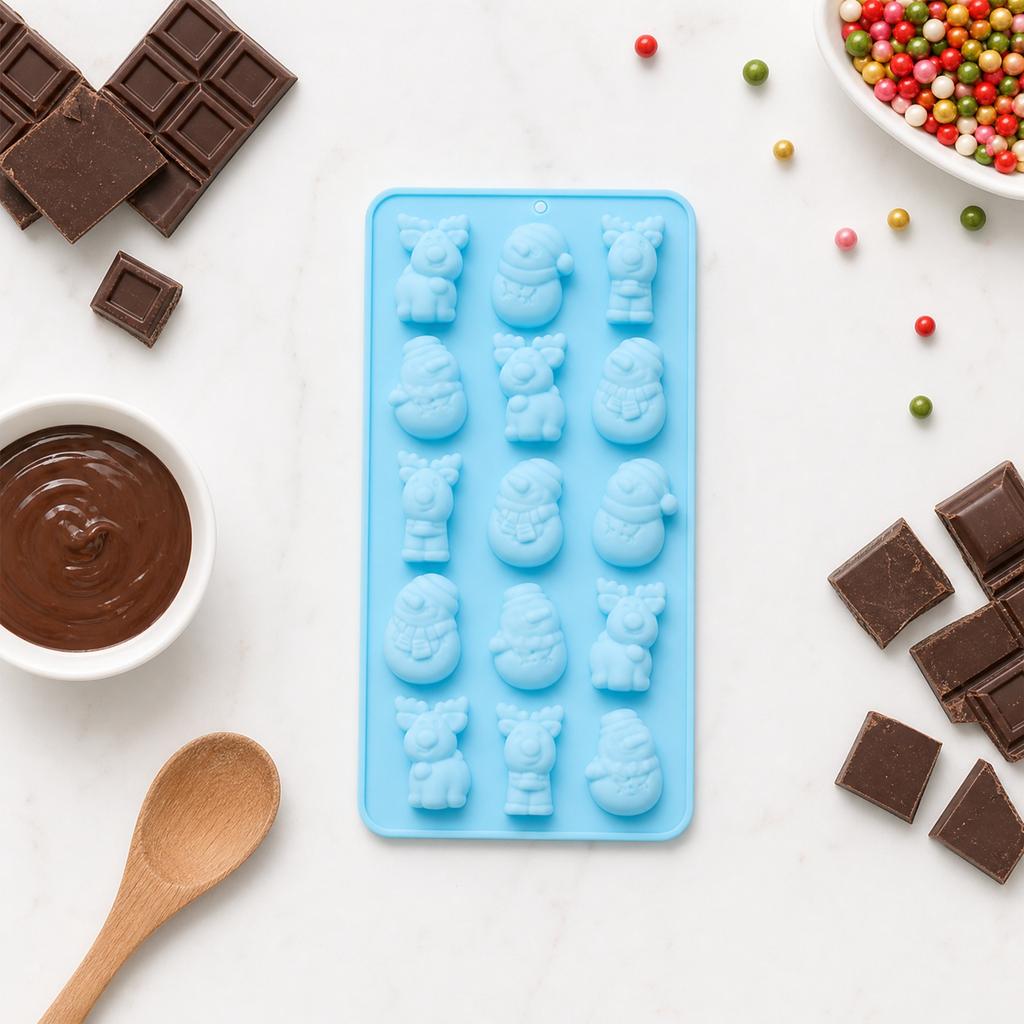 15 Cavity Silicone Mold for Christmas Candy Chocolate Making Santa Claus Reindeer Snowman Holiday Themed Baking Mold Flexible Food Grade