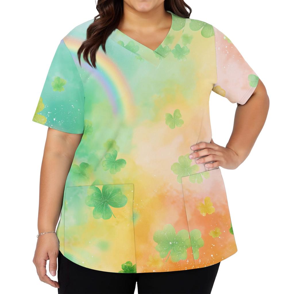 Women's Fashion V-neck Short Sleeve Workwear With Pockets Printed Tops