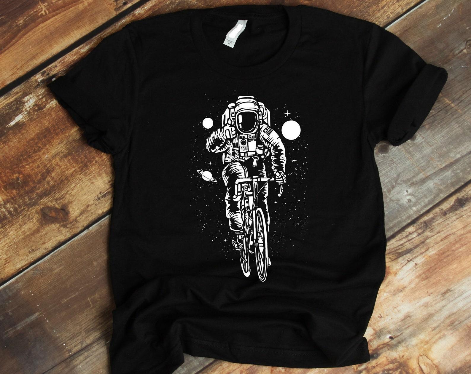 Cyclist T shirt Gift, Astro Bike Graphic Tee Shirt, Astronaut Cycling In Space, Funny Bicycle Enthusiast T shirt XL