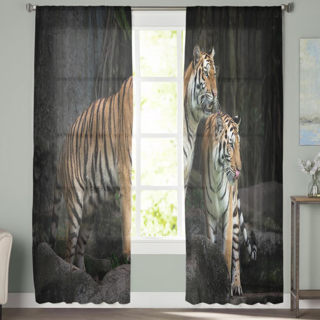 Wildlife Two Tigers Forest Chiffon Sheer Curtains for Living Room Bedroom Home Decoration Window Voile Tulle Curtain Drapes