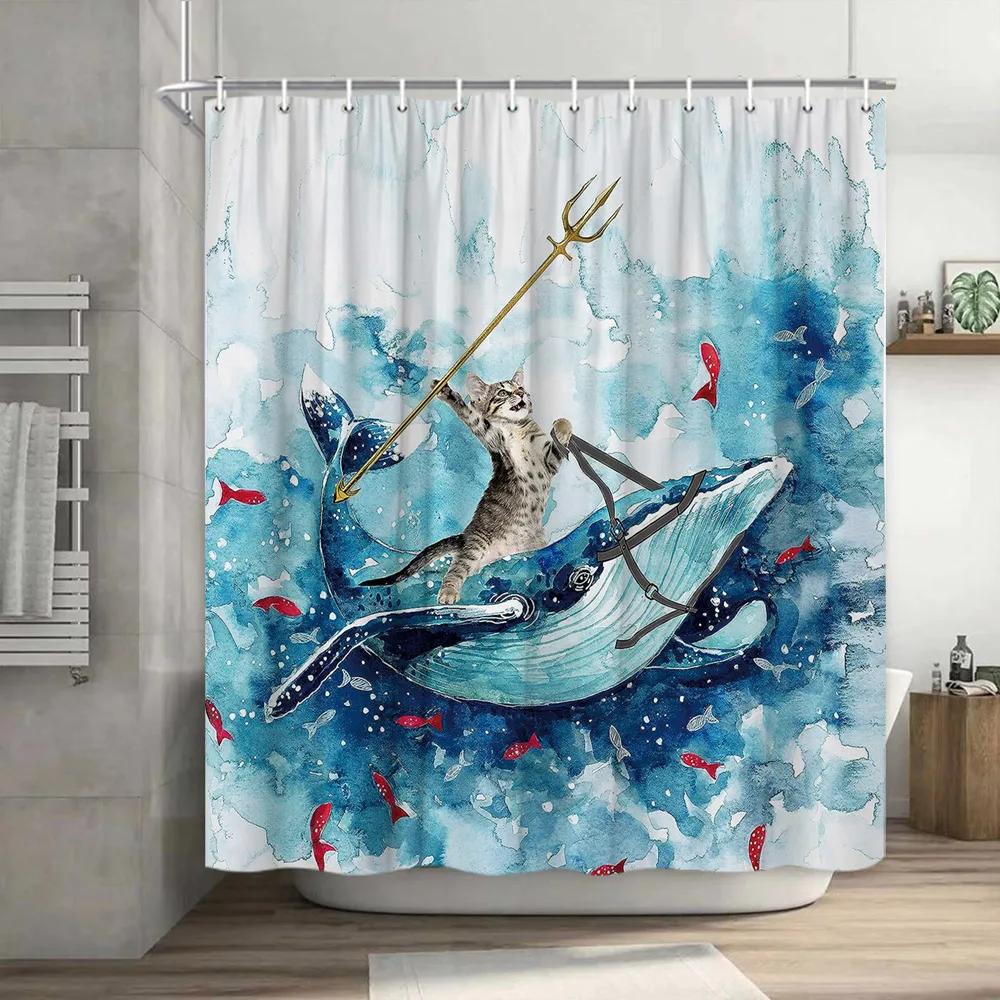 Funny Shower Curtain Brave Cat Cartoon Shower Curtain Waves Ocean Decor Fabric Shower Curtain Set with Hooks Bathroom Decoration