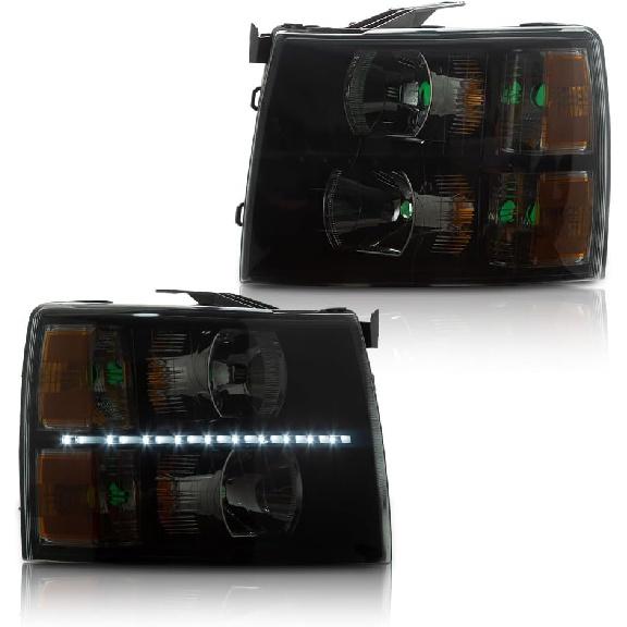 

LED Headlights Assembly Compatible with 2007 2008 2009 2010 2011 2012 2013 2014 Chevy Silverado LED DRL Strip Headlight(Clear lens Chrome Housing Smoky lens Black Housing