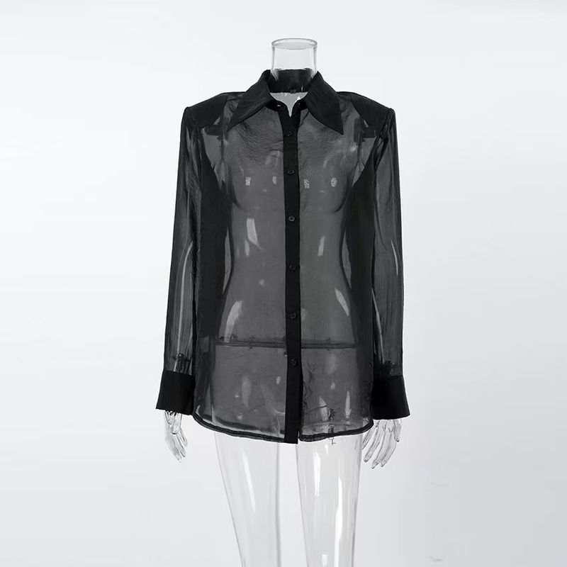 

Western Style New Temperament Retro Perspective Gauze Loose Long sleeve Shirts Sexy Perspective Shirt Black L