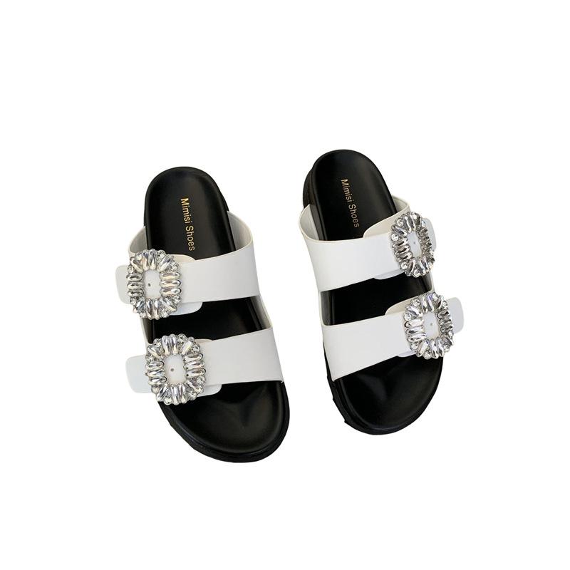 New Versatile Casual One-word Slippers Women's Summer Wear Square Buckle Rhinestone Double Belt Thick-bottomed Beach Cool Slippers