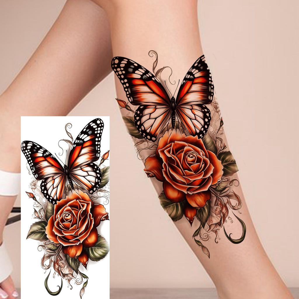 1 Sheet Butterfly Watercolor Flower Tiger Temporary Tattoos For Women Men Adults Fake Phoenix Parrot Lotus Tattoo Sticker Sleeve