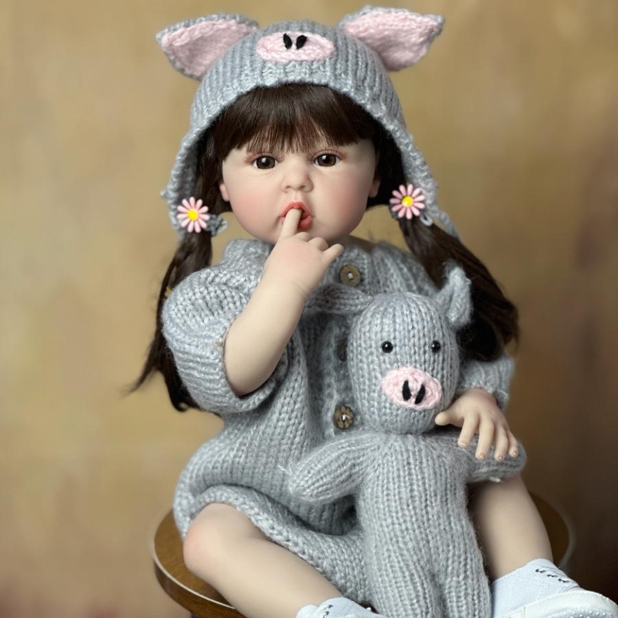 BZDOLL 55 CM Reborn Full Vinyl Body Baby Girl  Lifelike Realistic 22 Inch Doll Long Brown Hair Princess Toddler Bebe Birthday Gift