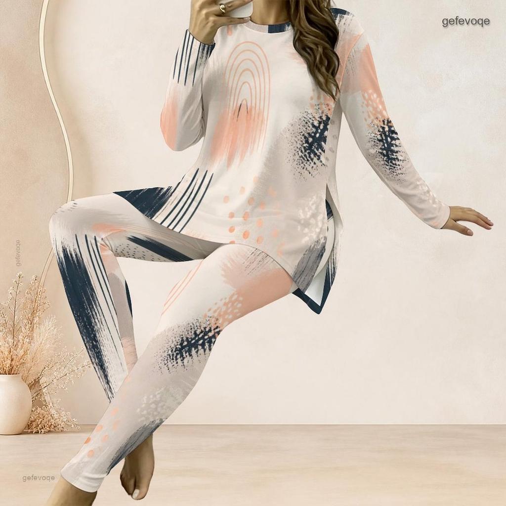 Women Plus Size Round Neck Long Sleeve Multicolor Printed Longline Top Fitted Pants Two Piece Set