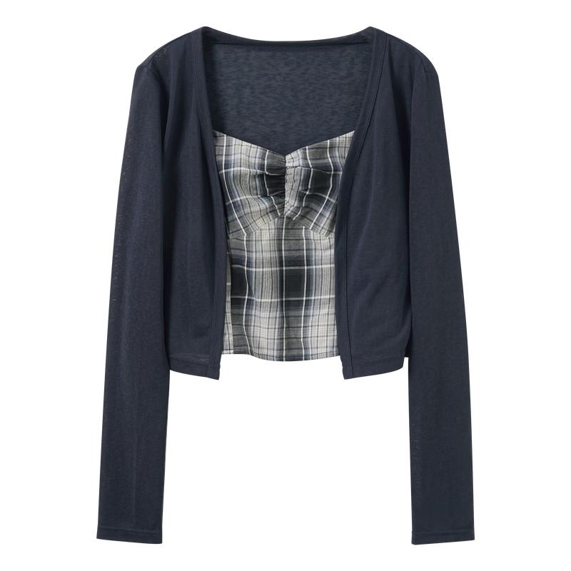 SanCai Lyocell Long-Sleeve Cardigan & Plaid Camisole Set XL