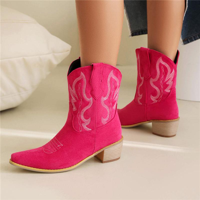 FOREADA Stivaletti da Cowboy Corti da Donna Punta Quadrata Tacco Medio Spesso Ricami Stivale da Cowgirl Occidentale Scarpe alla Moda da Donna Inverno 46