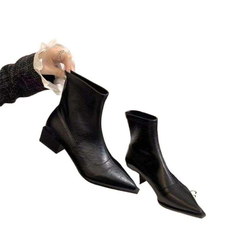 Women Pointed Ankle Boots Mid Heels Pointed Leather Sexy Chelsea Boots Trend Design Winter New Pumps Designer Short Botas Mujer