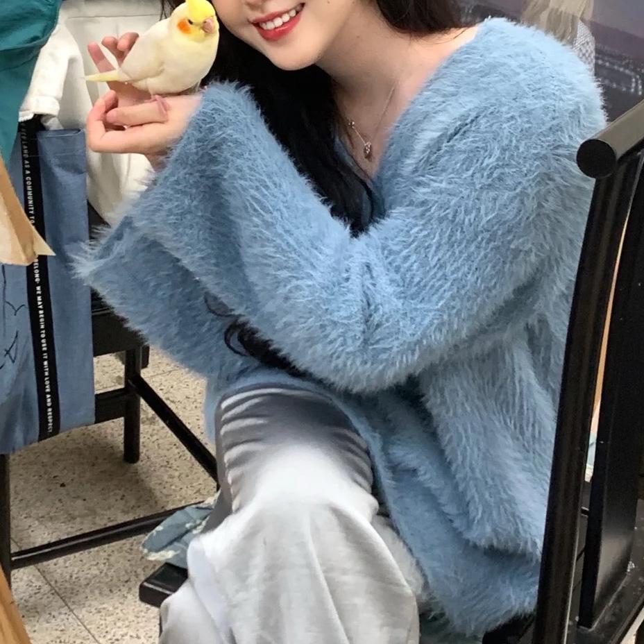 2023 Herbst/Winter Koreanischer V-Ausschnitt Langarm Nerzpelz Lockerer Pullover - Schlankmachendes Altersloses Oberteil