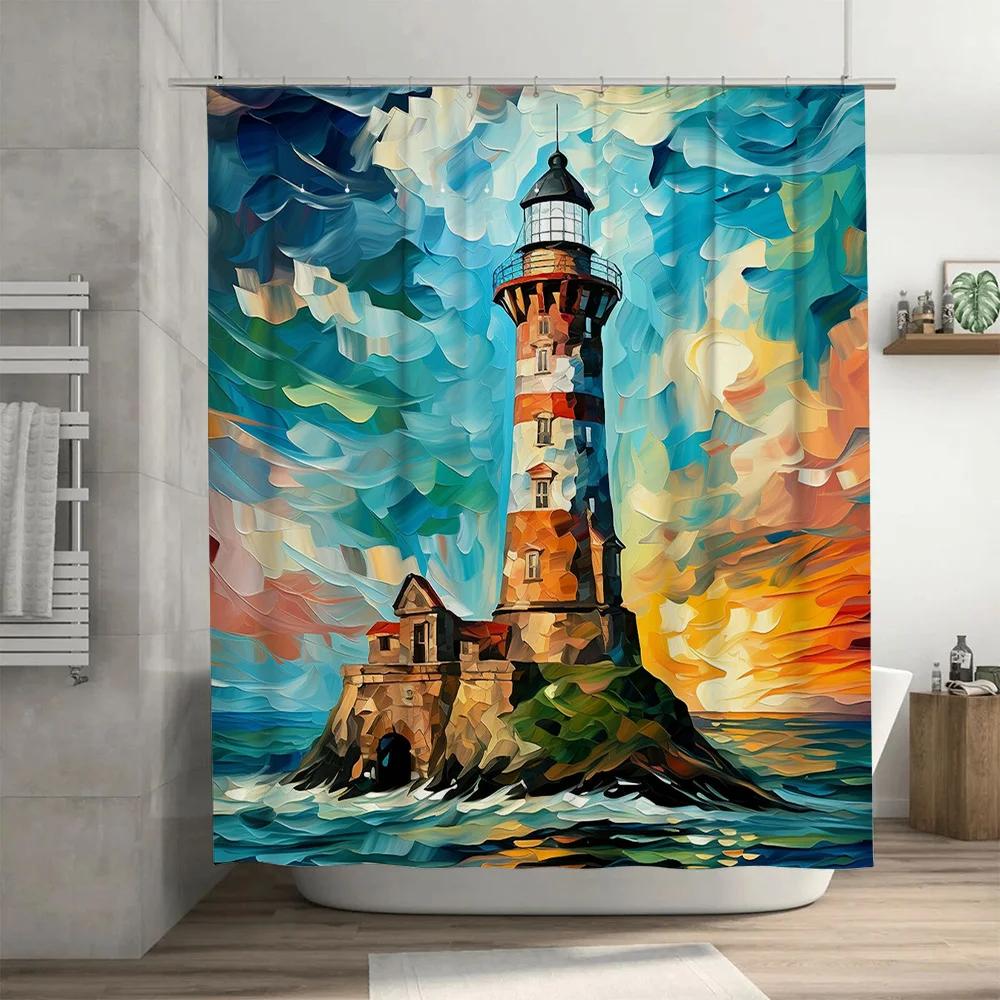 Vibrant Lighthouse Shower Curtain Artistic Modern Bath Decor for Bathroom High-Quality Printing with Waterproof Fabric Material.