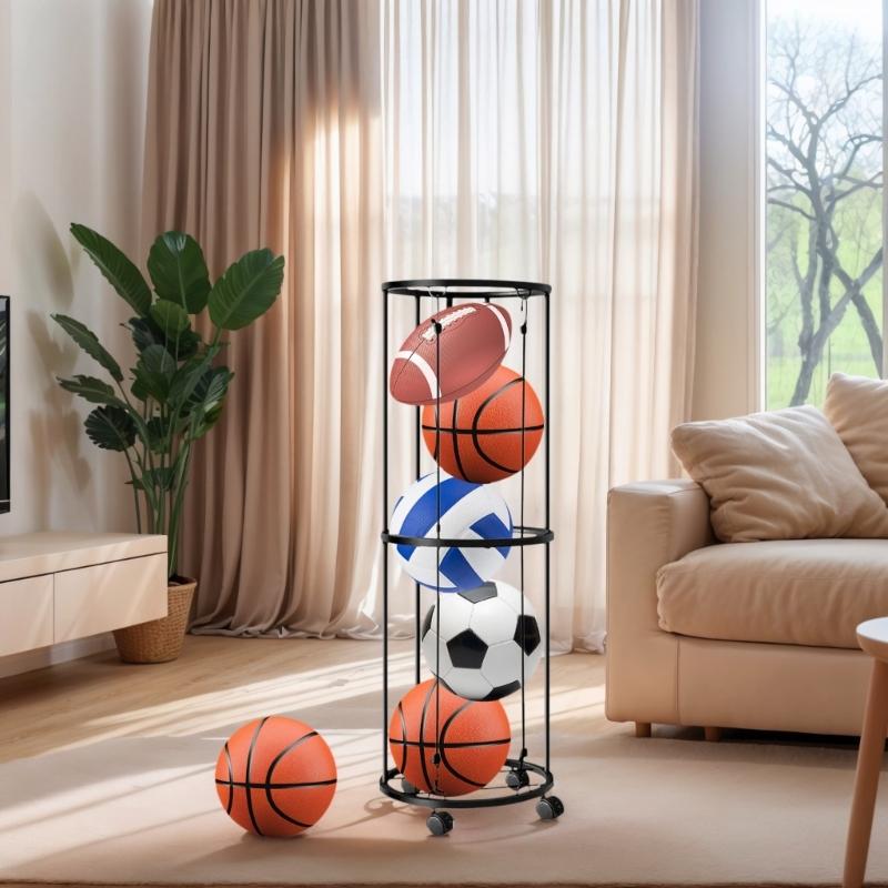 Multipurpose Space Saving Vertical Basketball Storage Systems Rolling Sports Organizers Steel Frame Easy Assembly