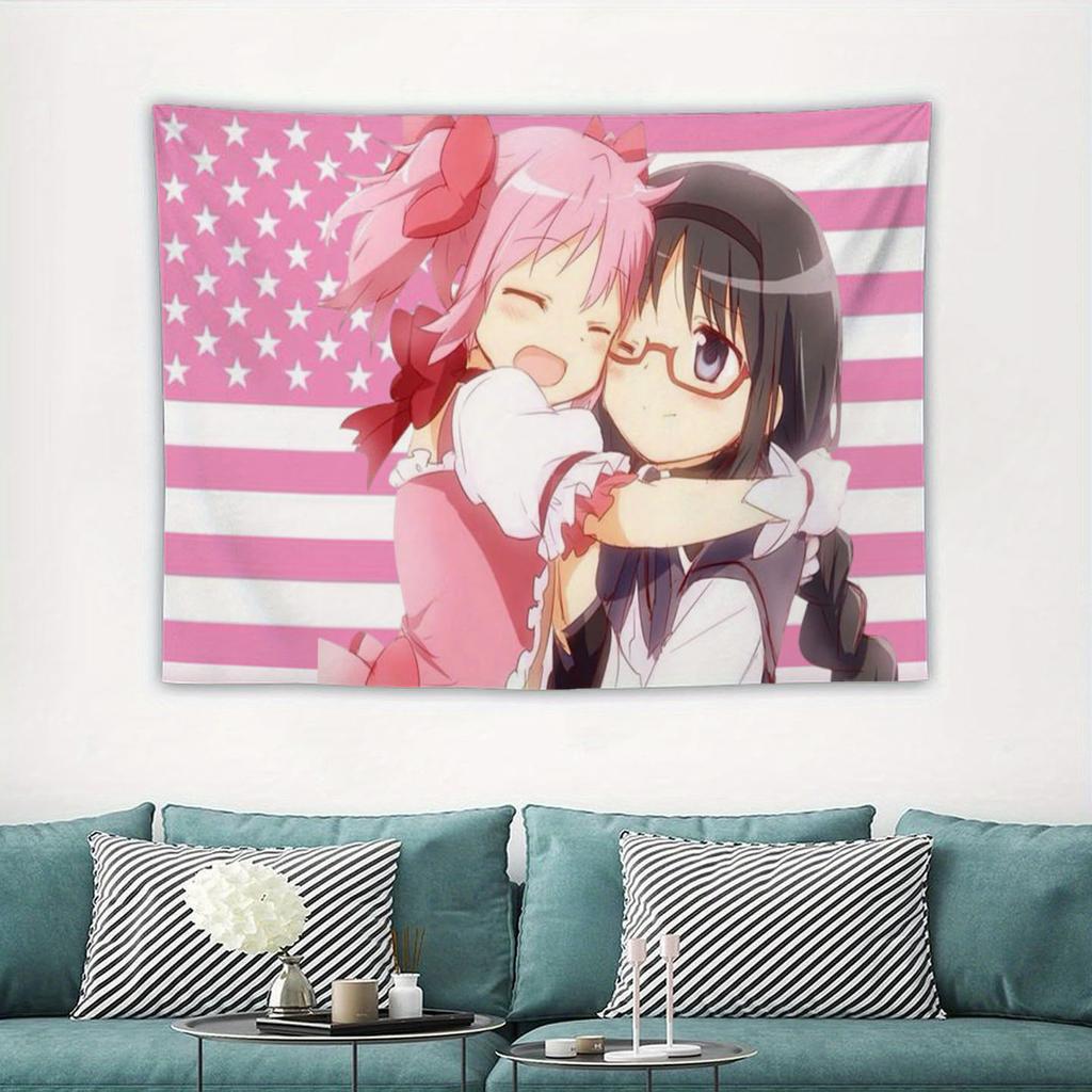 Madoka Homura Hugging USA Flag Tapestry Print Polyester Wall Hanging Kawaii Otaku Decor for Bedroom Living Room