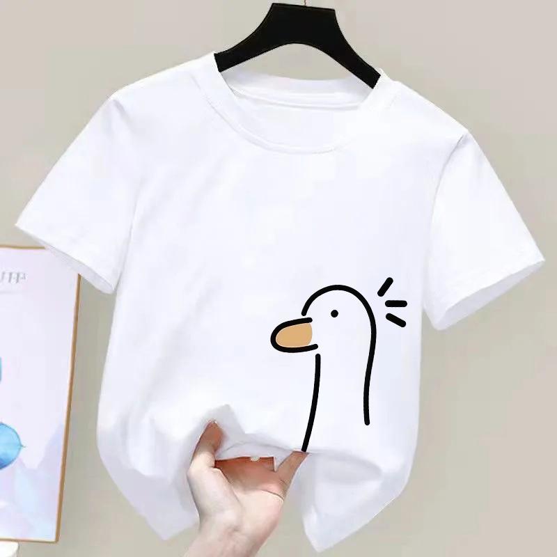Summer Kids Korean Style Simple 100 Cotton T Shirt for Children Trendy Yellow Duck Printed Tees Girls Daily Casual Sweatshirts